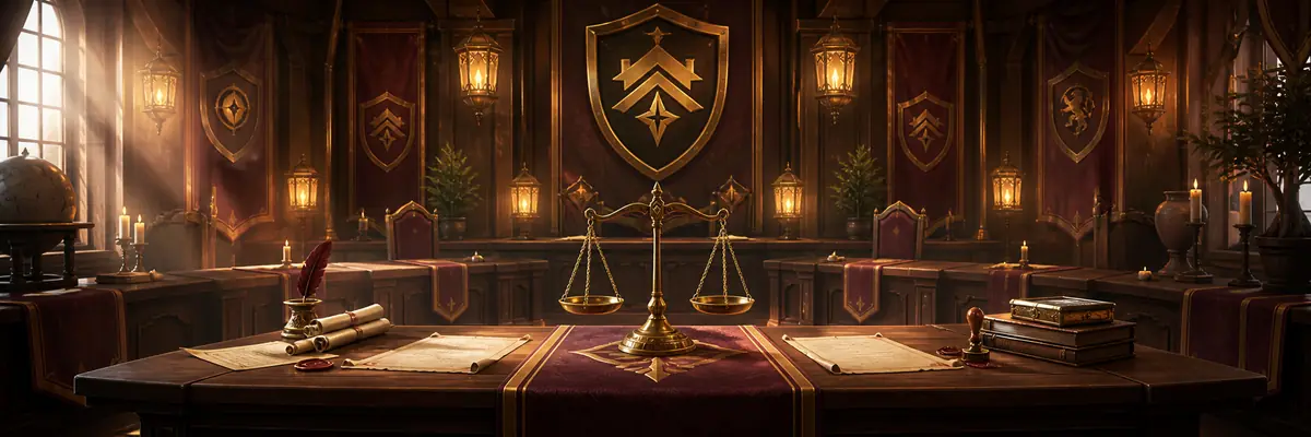 Approval Hall, a great hall with brass scales and stacks of parchment