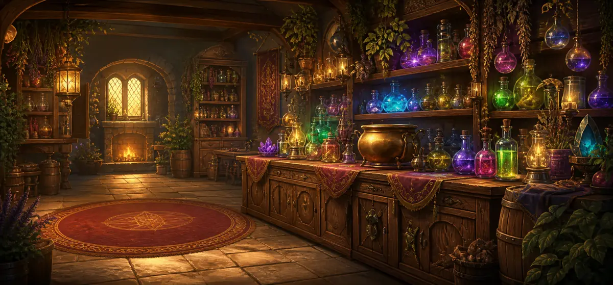 The Potion Shop, shelves of glowing coloured bottles