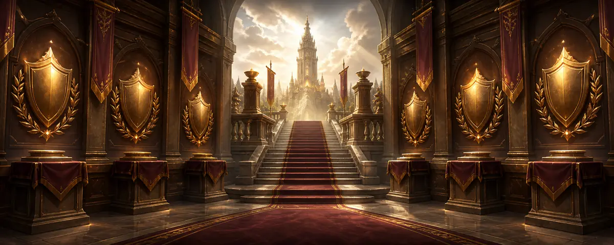 The Family Progress hall, gold shields and laurel crests lining a marble staircase