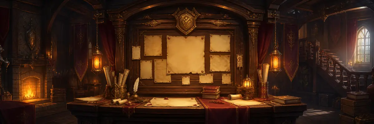 The Quest Workshop, a candlelit study with a quest board and ink pots