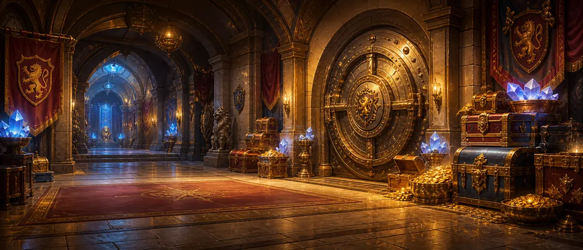 The Family Vault, a bank chamber with a giant round vault door and chests of coin