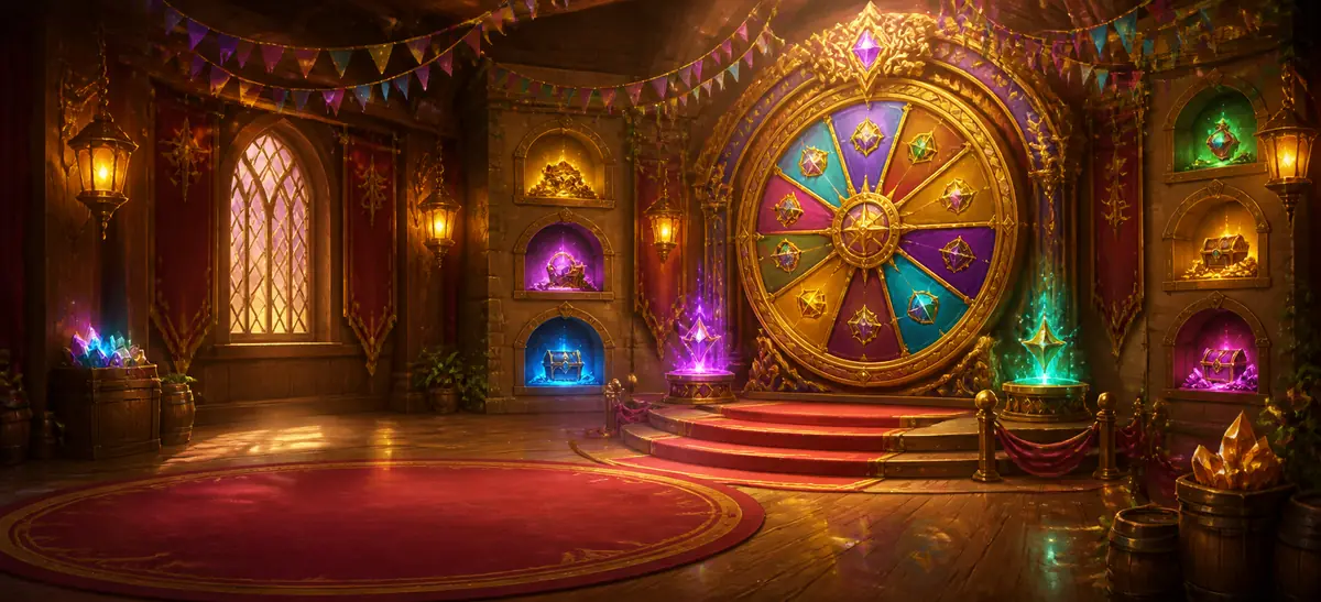 The prize wheel hall, a bright fairground room with a spinning gold wheel